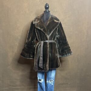 Vintage Career Originals Tissavel Faux Fur Coat Belted Brown ILGWU USA — M/L